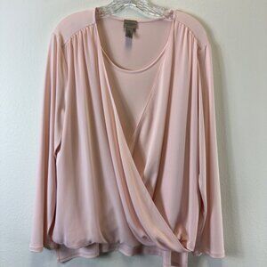 Easywear by Chico’s Long Sleeve Blush Pink Blouse Faux Wrap Top Size 2 Flowy